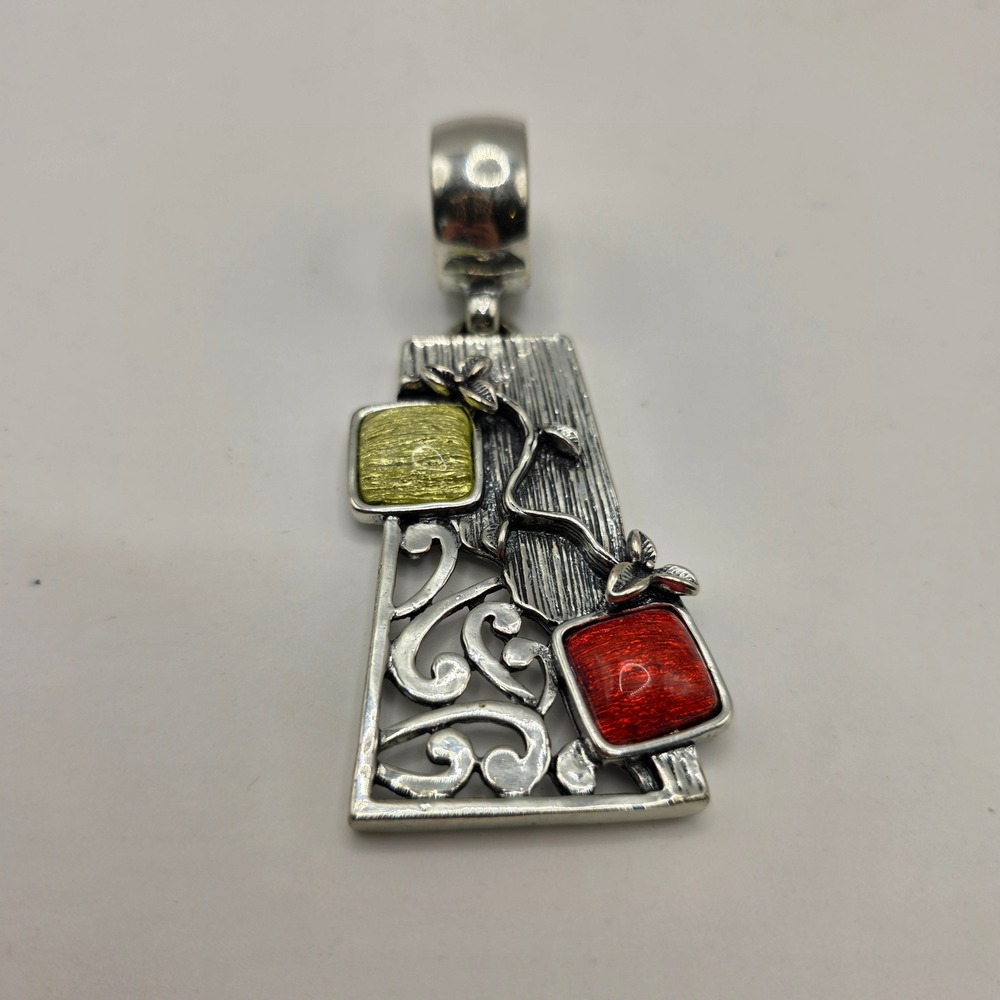 Artisan Silver Tone Mixed Media Pendant Red Green Enamel Filigree Vine Design